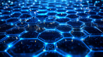 Blue technological background with hexagons and glowing lights for digital, tech, or science themes