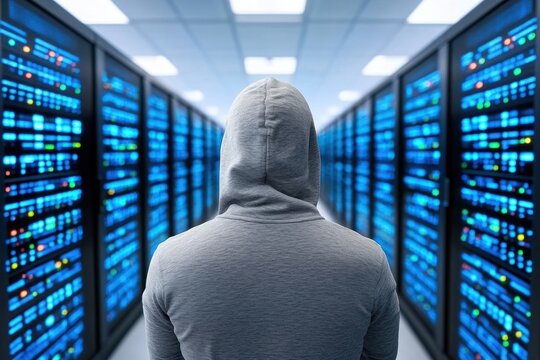 A hooded figure stands amidst rows of glowing server racks in a data center.