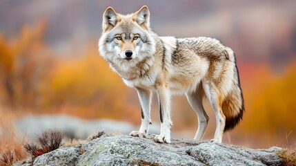 Obraz premium Majestic Lone Wolf on Rocky Peak, Autumn Hues