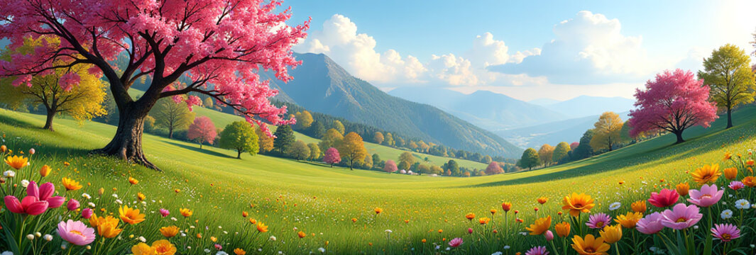 beautiful colorful spring landscape trees flowers perfect setting