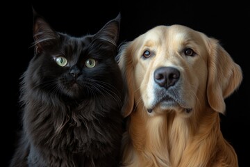 A curious black cat and a friendly brown dog sitting together, looking directly at the camera