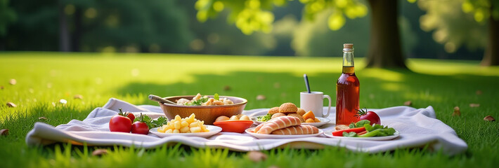 blanket grass food shade provides simple outdoor dining setting people enjoy nature family friends