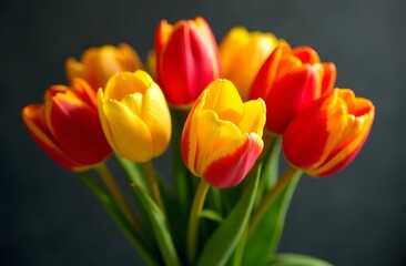 A beautiful bouquet of colorful tulips wrapped in paper. Small business, flower shop. Greeting card. International Women's Day