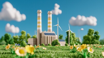 Obraz premium Low Poly 3D Render of a Green Energy Power Plant with Wind Turbines and Solar Panels