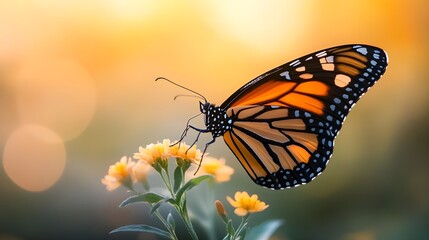 Fototapeta premium Monarch Butterfly's Golden Hour: A breathtaking sunset scene.