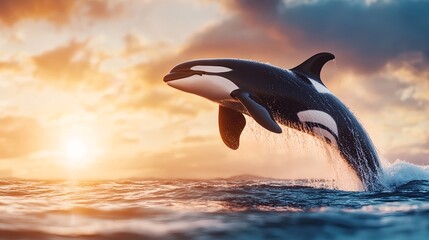 Obraz premium Majestic Orca breaches at sunset, a breathtaking ocean spectacle!