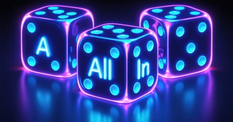 Glowing neon All In dice with vibrant pink and blue outline displaying All In in illuminated letters mounted on reflective surface enhancing futuristic high-contrast 3D aesthetic