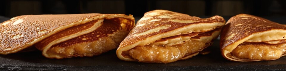 A close-up shot of three pancakes on a plate, ready to be served