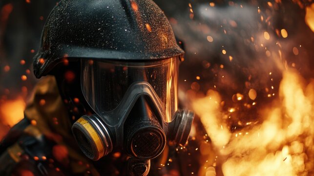 A person wearing a gas mask stands in front of a fire, emphasizing the importance of taking necessary precautions when dealing with fire hazards