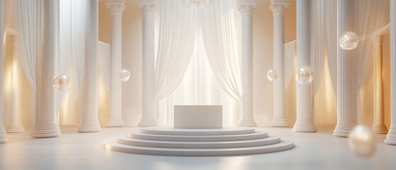  Classic White Wedding Podium with Draped Fabric and Candles. Minimal Ballroom with Columns and Chandelier. Copy space. Generative AI 