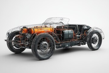 Fantasy wireframe of vintage electric car with on white background