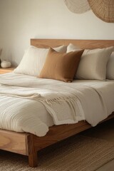 A cozy bedroom scene featuring a wooden bed frame with pillows