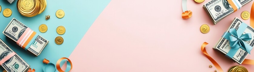 Colorful composition of cash, coins, and gift boxes, perfect for concepts of wealth, celebration, or financial success.