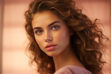 Naklejka premium Studio portrait of young woman with long wavy hair and perfect skin