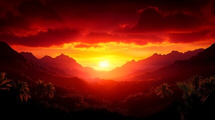 Fototapeta premium Fiery Red Sunset Over Tropical Mountains