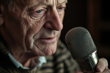 A person holding a microphone, ready to speak or sing