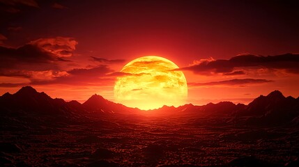 Fiery Red Sunset With Large Orange Moon Over Silhouetted
