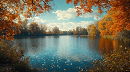 A scenic autumn park with vibrant trees and a calm lake, creating a peaceful and picturesque atmosphere.