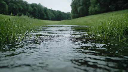 Fototapeta premium Stream flows through green meadow, forest backdrop; nature scene