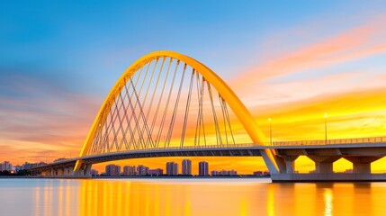 Obraz premium Modern Arch Bridge at Sunset over Calm Water and City Skyline