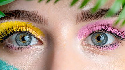 Obraz premium Colorful eye makeup, tropical leaf frame, beauty shot, for cosmetic ads