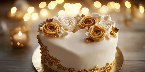 Elegant White Heart Shaped Cake with Gold Accents for Romantic Events