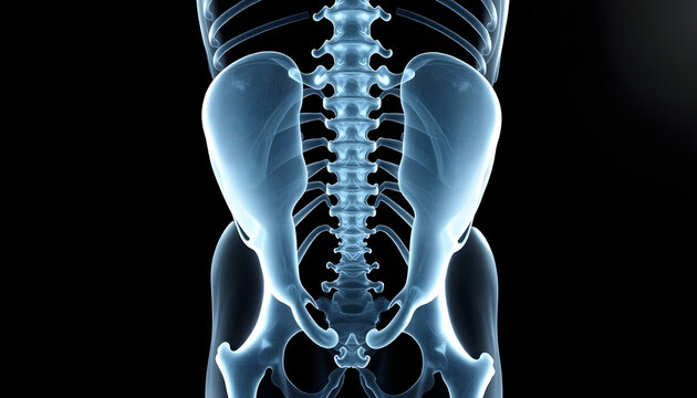 Pelvic skeleton back view on x-ray body with black background , with white tonespng