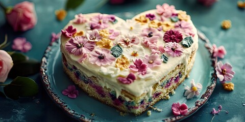 Elegant Floral Heart Cake Edible Flowers Romantic Dessert Valentines Day Treat Wedding Cake Inspiration Bakery Showpiece