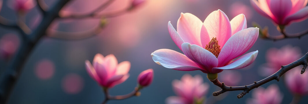 blooming magnolias glowing boke surround mysterious spring backdrop vibrant colors delicate
