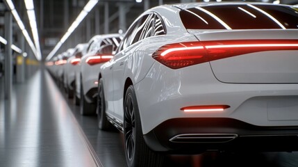 A long line of brand new white cars with glowing tail lights on an assembly line inside a modern car factory.