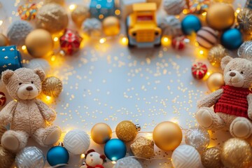Fototapeta premium A collection of teddy bears and Christmas ornaments. The teddy bears are sitting on a white background with a blue border