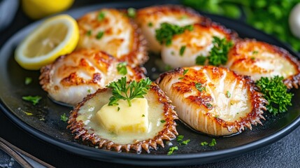Fresh seafood dish with garlic butter and green herbs