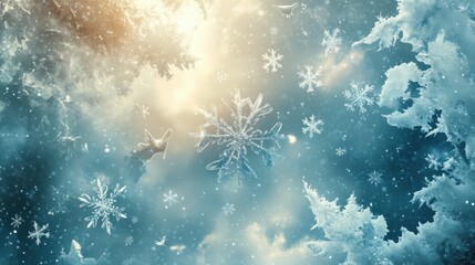 Winter Wonderland Scene With Falling Snowflakes And Ice Crystals