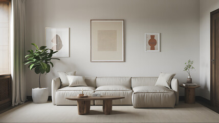 A minimalist living room with a low-profile couch and clean decor