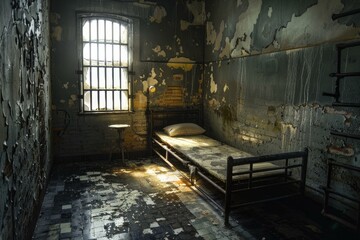 Sunlight entering old jail cell through barred window illuminating bed
