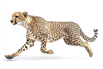 A cheetah runs freely on a plain white background