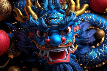 Fototapeta premium A vibrant blue dragon depicting strength and power, adorned with traditional ornaments, perfect for Asian-themed designs.