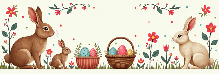 decorated easter card features bunnies eggs flowers baskets folk patterned designs traditional folk