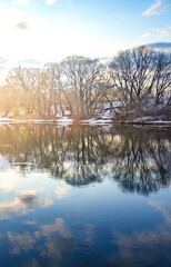 Lake with trees in the background and a reflection of the trees in the water
