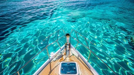 A boat is in the water with a view of the water's surface. The water is calm and clear, and the boat is in the middle of the water