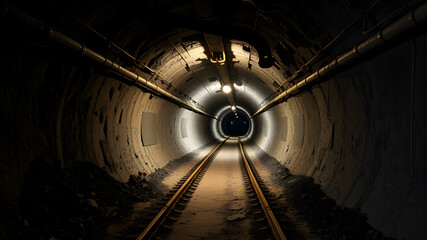 Indoor photo of underground black coal mine tunnel. Generative AI