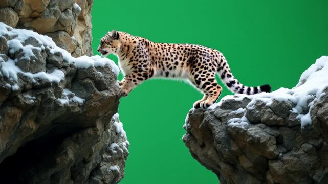Snow Leopard Leaps Rocks, Green Screen, Winter Habitat