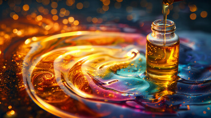 Golden essential oil dripping into glass bottle surrounded by colorful swirling patterns for luxury wellness, aromatherapy, and beauty product branding