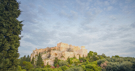 Mountain with a castle on top and a tree in the foreground
