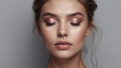Close-up portrait of a woman with eyes closed, showcasing subtle, elegant makeup with a rose gold eyeshadow and nude lip.