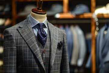 Mannequin wearing an elegant checked suit, blue shirt, and matching tie, displayed in a sophisticated clothing store