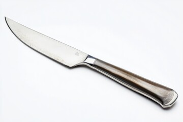 A close-up shot of a knife with a wooden handle on a white background, ideal for use in food, cooking or crafting images