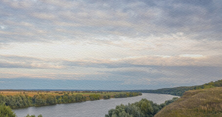 River flows through a grassy plain with a cloudy sky in the background