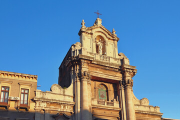 Central pediment of Cathedral of Holy Madonna del Carmine. Catania, Sicily, Italy