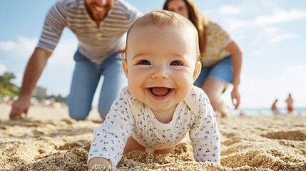 Happy baby crawling on sandy beach with parents in background enjoying sunny day